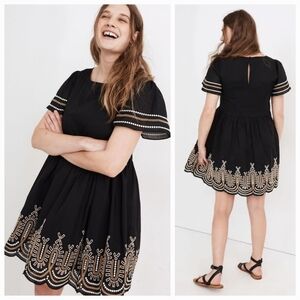 Madewell Women Medium Black Mini Dress with Embroidered Hem Eyelet Puff Sleeve